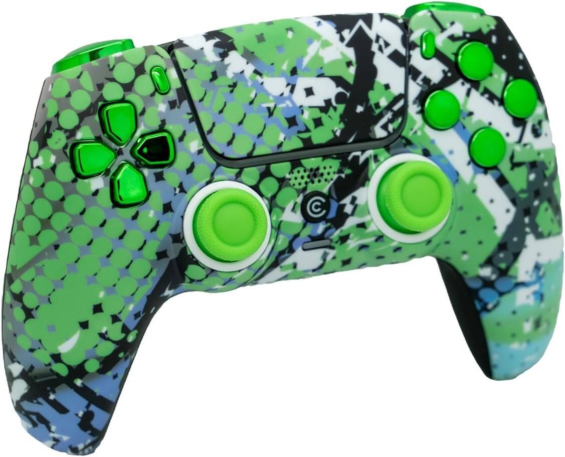 Left. Custom Controllerzz - Custom Wireless Controller for PS5 - Swamp Fade & Green Chrome Inserts.