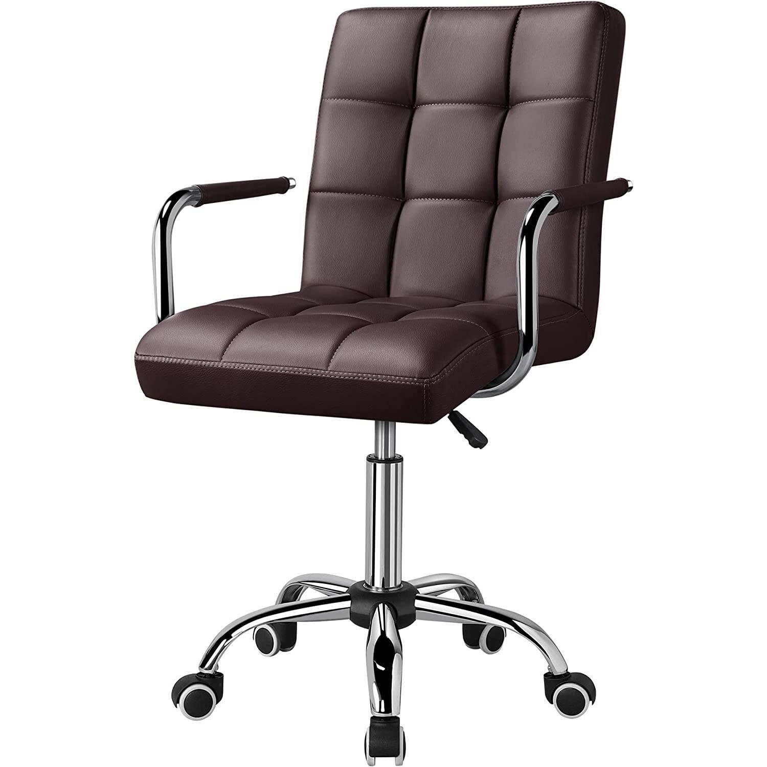 Hivvago - Dark Modern Faux Leather Mid-Back Office Chair with Armrests and Wheels - Brown