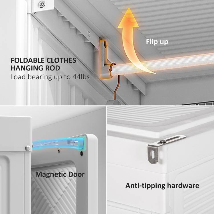 Flip up  
FOLDABLE CLOTHES HANGING ROD  
Load bearing up to 44lbs  
Magnetic Door  
Anti-tipping hardware