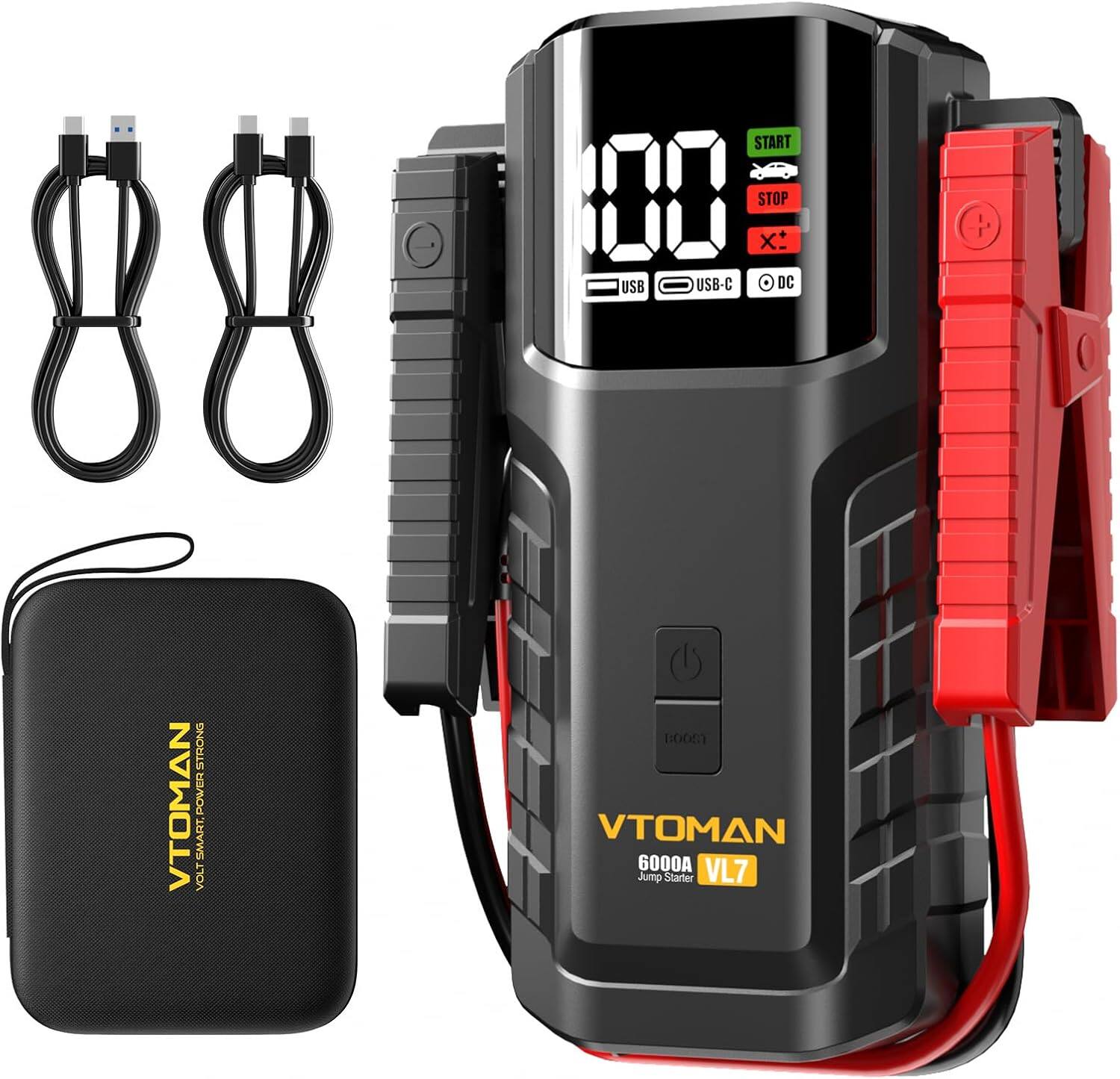88  
START 100 STOP x+ USB USB-C DC  
STRONG POWER VTOMAN SMART VOLT  
BOOST VTOMAN 6000A VL7 Jump Starter