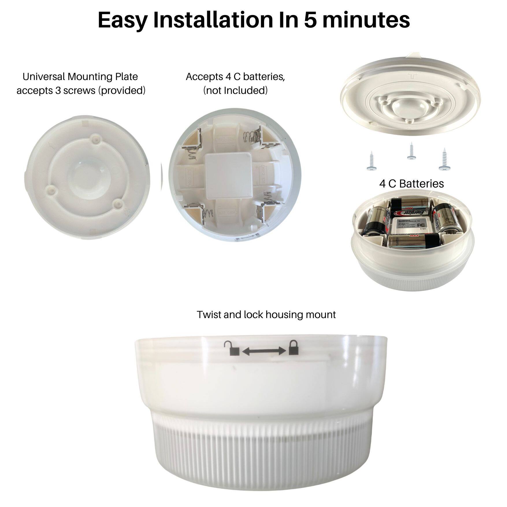 Easy Installation In 5 minutes

- Universal Mounting Plate accepts 3 screws (provided)
- Accepts 4 C batteries, (not Included)
- 4 C Batteries
- Twist and lock housing mount