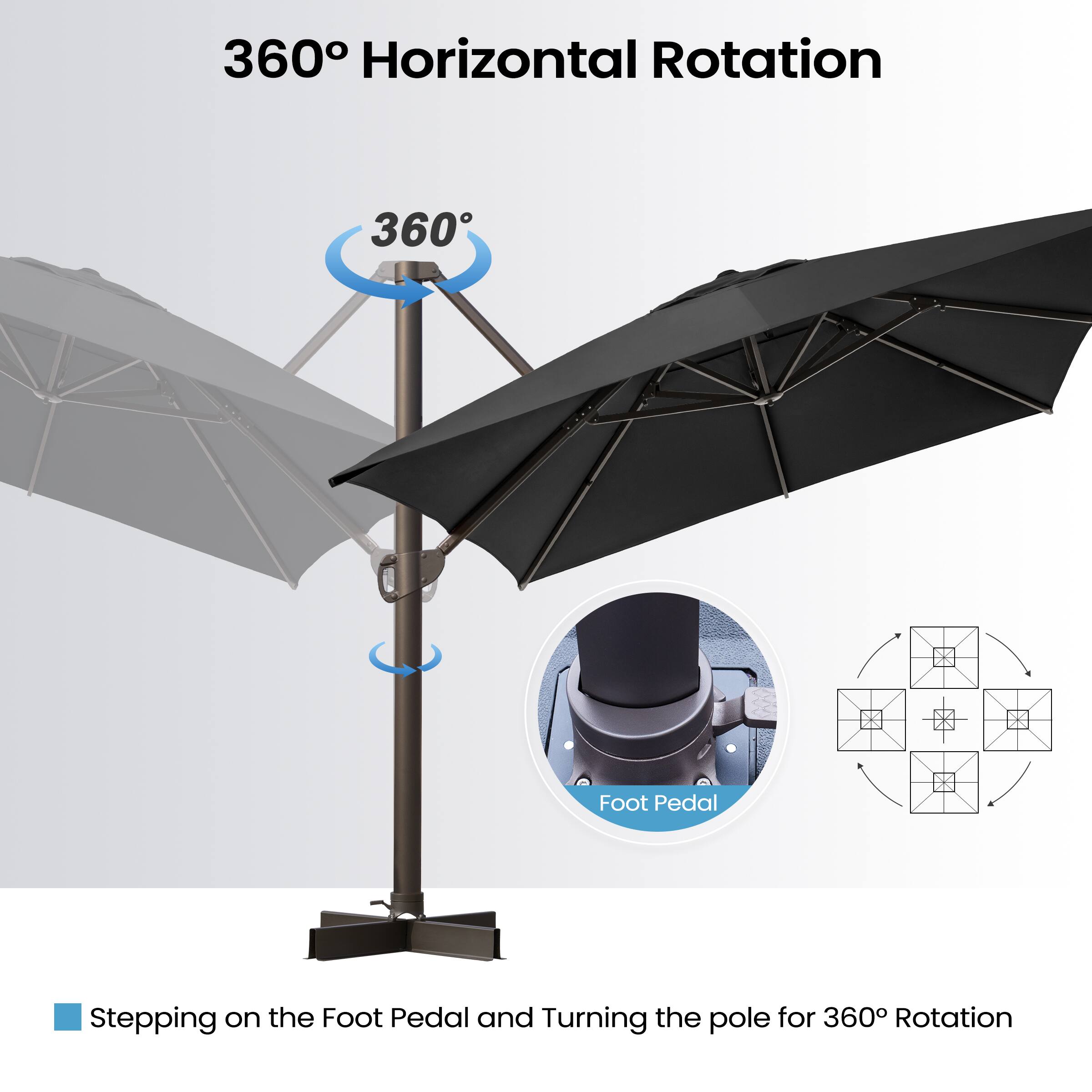 360° Horizontal Rotation

Stepping on the Foot Pedal and Turning the pole for 360° Rotation
