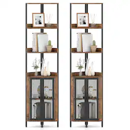 Gymax - 2PCS 6-Tier Corner Shelf 67'' Tall Corner Bookshelf w/Cabinet & Adjustable Shelf Rustic Black - Brown