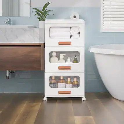 Front. Vecelo - 3-Tier Foldable Drawer Storage Cabinet with Wheels, 1–3 Tier Plastic Rolling Storage Organizer - White.