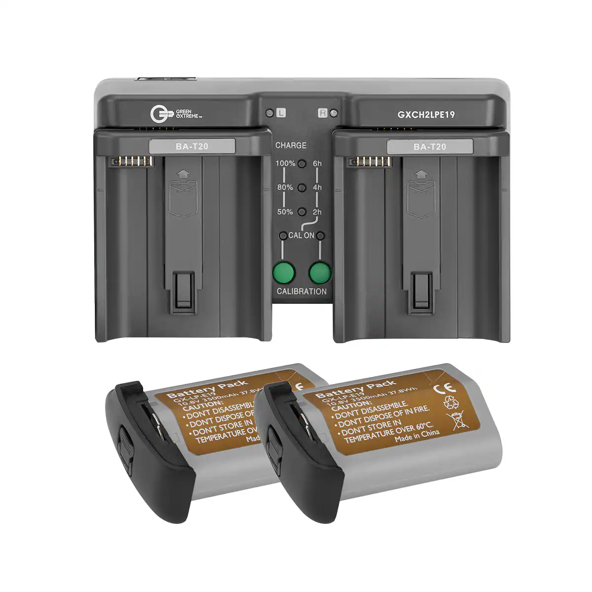 GREEN EXTREME  
GXCH2LPE19  
BA-T20  
CHARGE  
BA-T20  
100%  
6h  
80%  
4h  
50%  
2h  
CAL ON  
CALIBRATION  
Pack BW Battery GX-LP- 10.8V 3500mAh 37 CAUTION: DONT DISASSEMBLE OF DONT DISPOSE IN DON'T STORE OVER TEMPERATURE Mad  
f Pack 8Wh CE Battery GX-LP V8. E19 3500mAh 37 10 CAUTION: DISASSEMBLE OF IN FIRE. DONT DISPOSE DONT STORE IN 60C. DON'T OVER China TEMPERATURE Made in