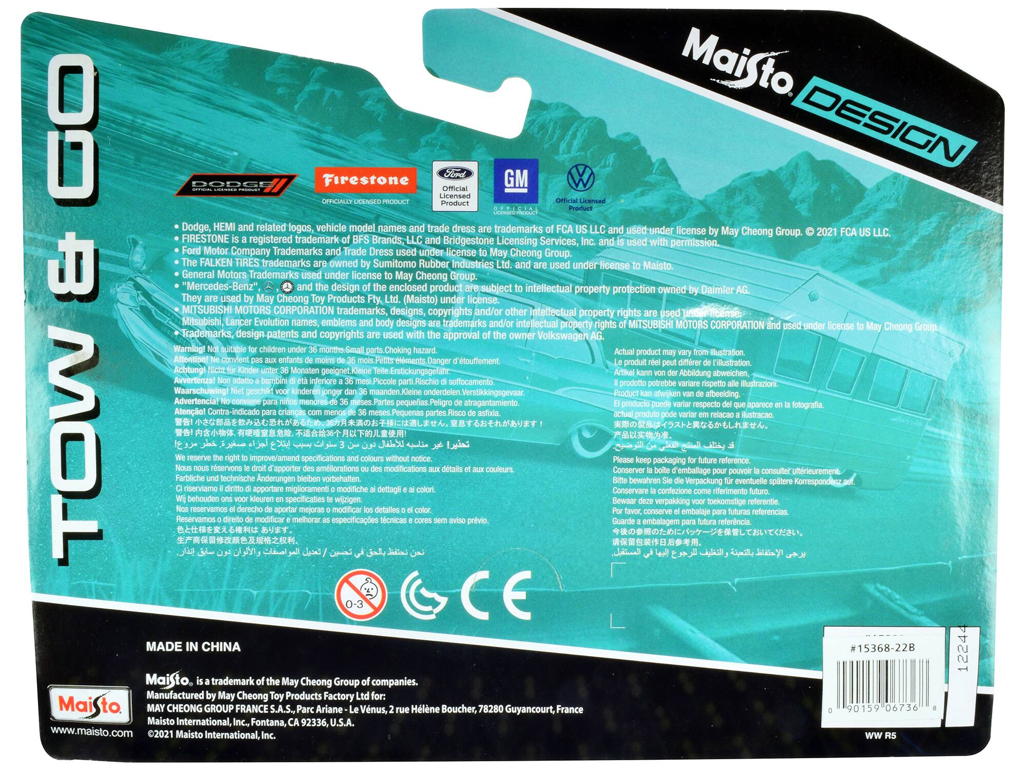 Sure, here is the corrected and grouped text from the image:

---

**Maisto DESIGN**

**Dodge**

**Firestone**

**GM**

**Volkswagen**

**Official Licensed Product**

---

**Model names and trade dress are trademarks of FCA US LLC and used under license by May Cheong Group. © 2021 FCA US LLC.**

**Dodge, HEMI and related logos, vehicle model trademarks under license by May Cheong Group.**

**FIRESTONE is a registered trademark of BF Goodrich Brands, LLC and Bridgestone Licensing Services, Inc., and is used with permission.**

**FALKEN TIRES trademarks owned Sumitomo Rubber Industries under license by May Cheong Group.**

**General Motors Trademarks used under license by May Cheong Group.**

**"Mercedes-Benz" design enclosed product subject to intellectual property protection owned by Daimler AG. They are used by May Cheong Toy Products Ltd. and are used under license to Maisto.**

**MITSUBISHI MOTORS CORPORATION trademarks, designs, copyrights and/or intellectual property rights under license by Mitsubishi, Lancer Evolution names, emblems designs trademarks intellectual property rights MITSUBISHI MOTORS CORPORATION license by May