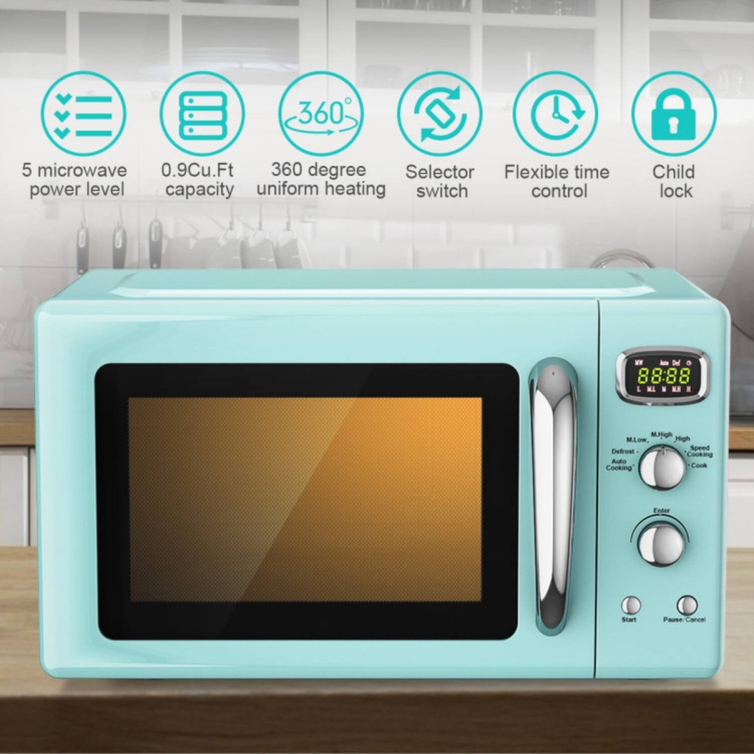 5 microwave power level  
0.9Cu.Ft capacity  
360 degree uniform heating  
Selector switch  
Flexible time control  
Child lock  

WY N. Der 88:88 LE.UI ML K M.rgh Migh MLow Defrost Speed Cooking Auto Cooking Cook Enter Swt Pause Cancel