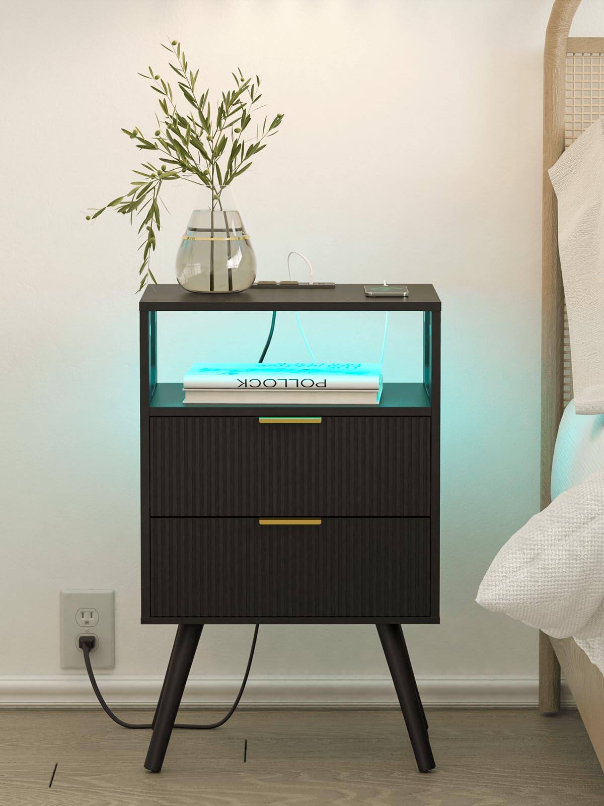 Alt View 5. Empire DigiLabs - Nightstand With Charging Station And Led Lights Modern Bedside Table 2 Storage Drawer Open Wood Shelf For B... - Walnut Brown.