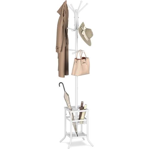 Front. SlickBlue - Freestanding Metal Coat Rack with Umbrella Holder for Hallway or Foyer - White.
