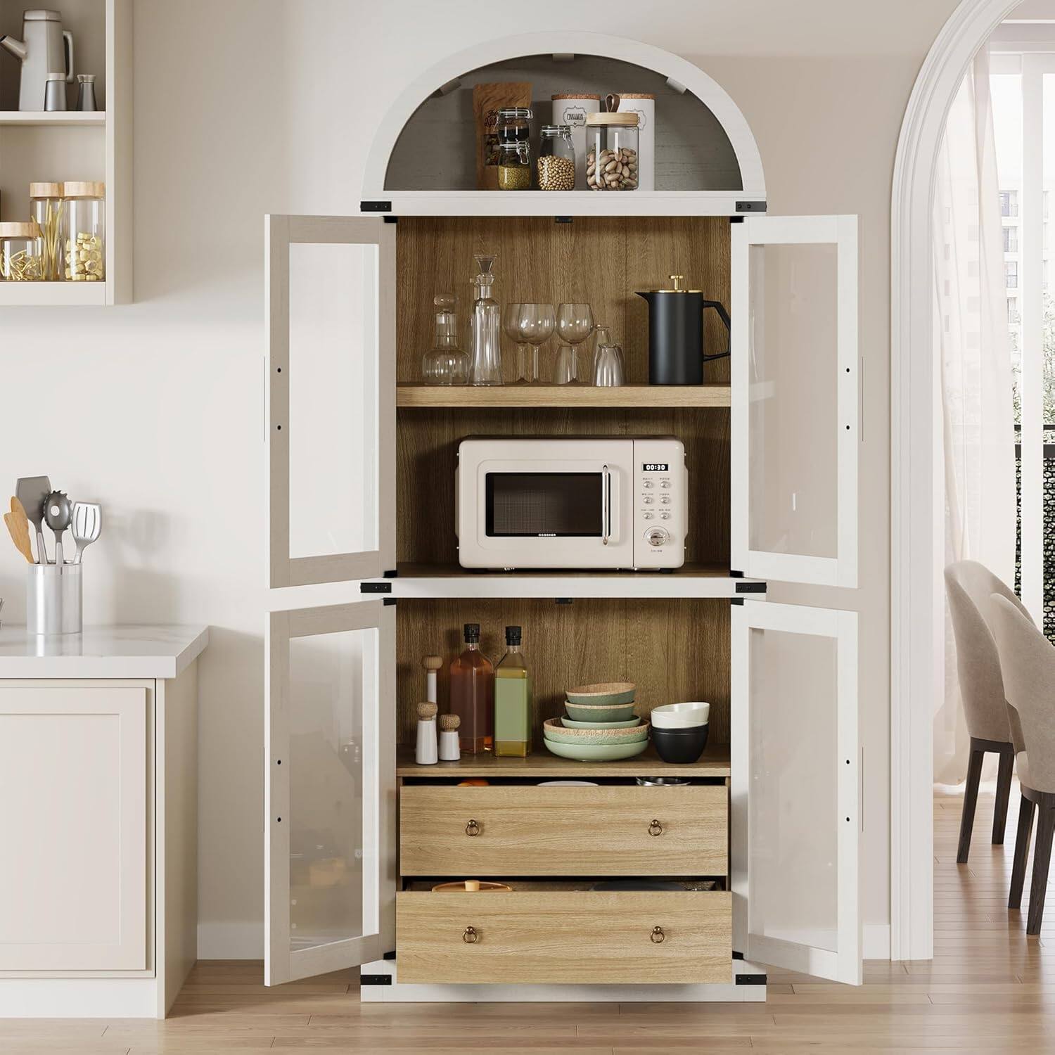 Alt View 4. Homhougo - Arched Pantry Cabinet with Doors, 71.4" Tall Wood Storage Cabinet with 2 Drawers, Farmhouse Kitchen Cupboard & Modern - White.