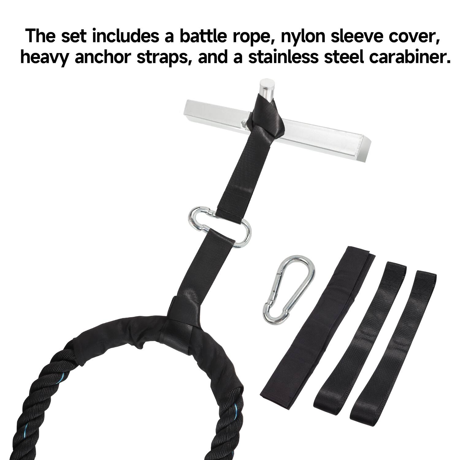 The set includes a battle rope, nylon sleeve cover, heavy anchor straps, and a stainless steel carabiner.