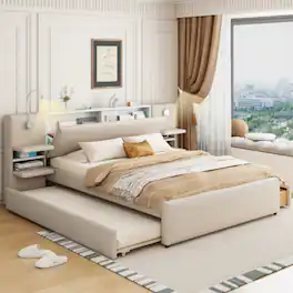 LUCKY ONE - Queen Size Upholstered Platform Bed with Reading Lights, Drawers, Trundle, Storage Shelves, Linen Fabric - Beige