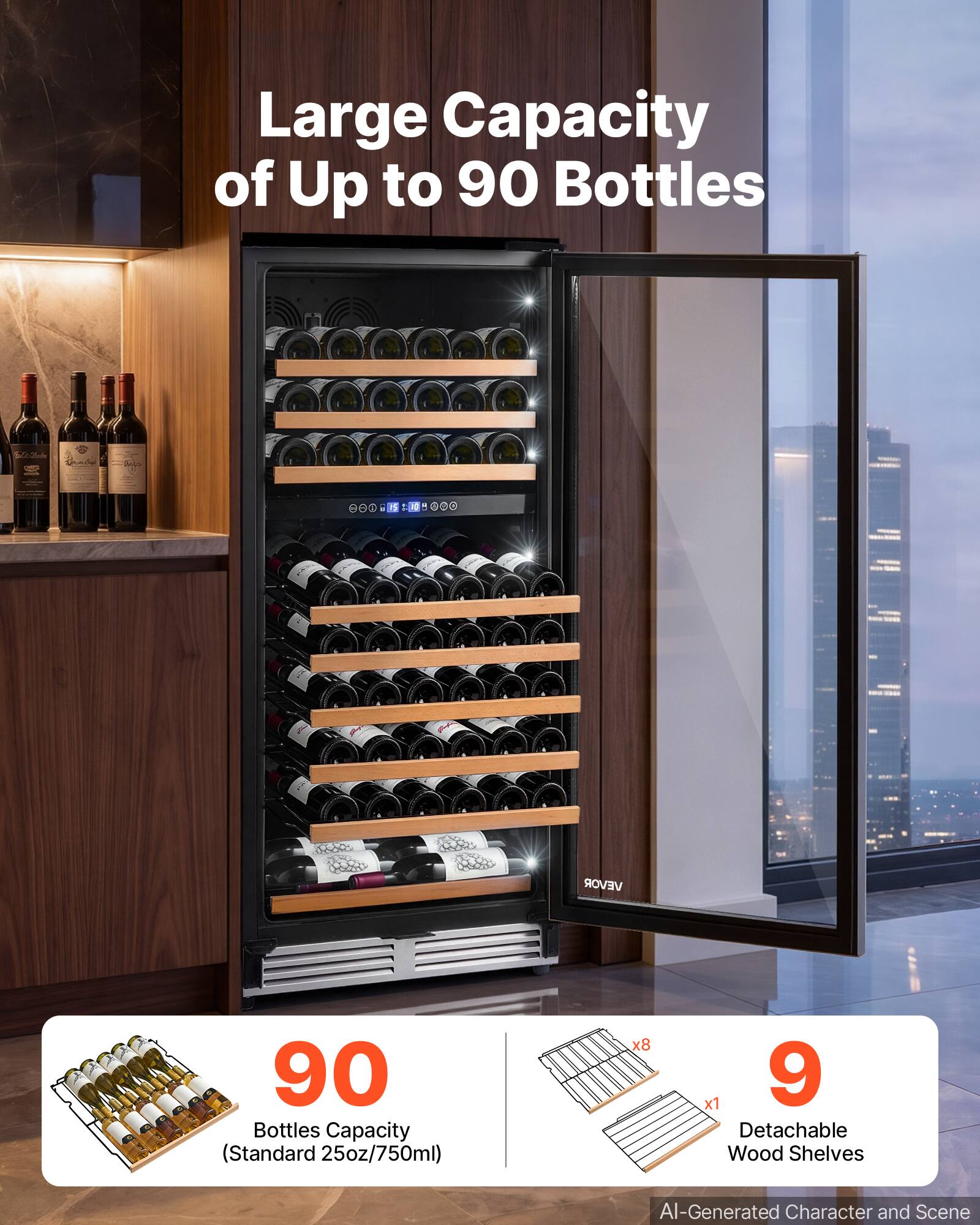 Large Capacity of Up to 90 Bottles

Modelady
1
1
VEVOR
90 Bottles Capacity (Standard 25oz/750ml)
x8
x1 9 Detachable Wood Shelves

AI-Generated Character and Scene