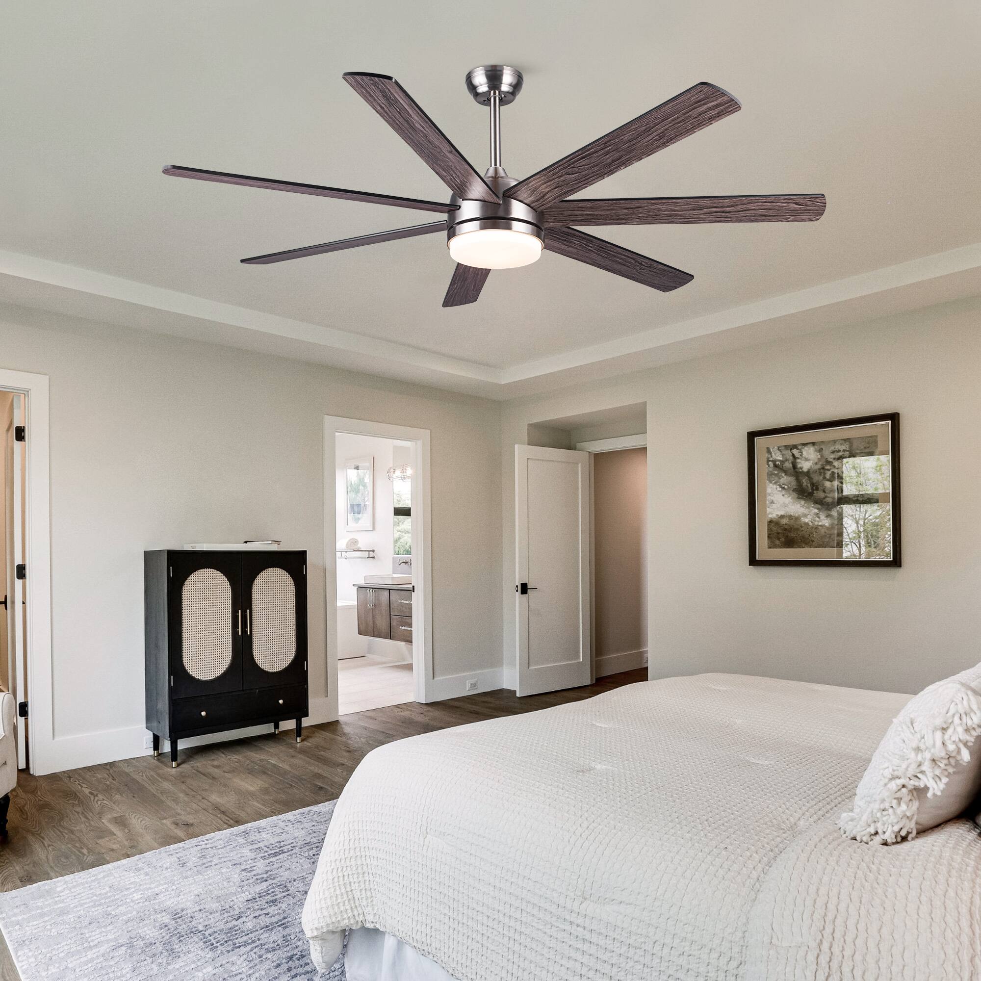 Back. APRILSOUL - 62 in Integrated LED Brushed Nickel Plywood Smart Ceiling Fan Remote - Brushed Nickel.