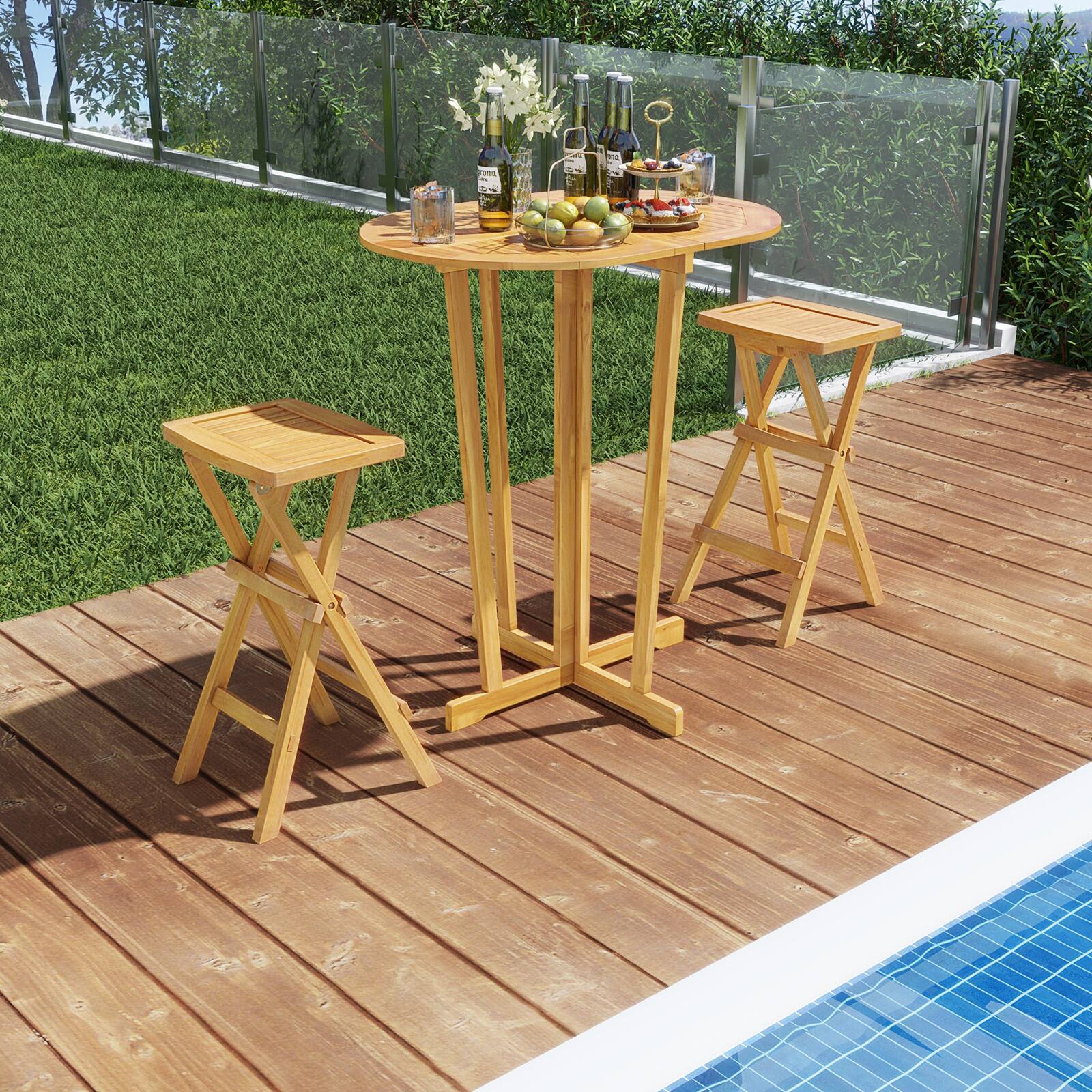 Alt View 2. Sugift - Outdoor Folding Bar Table with Oval Tabletop and Cross Base - Natural.