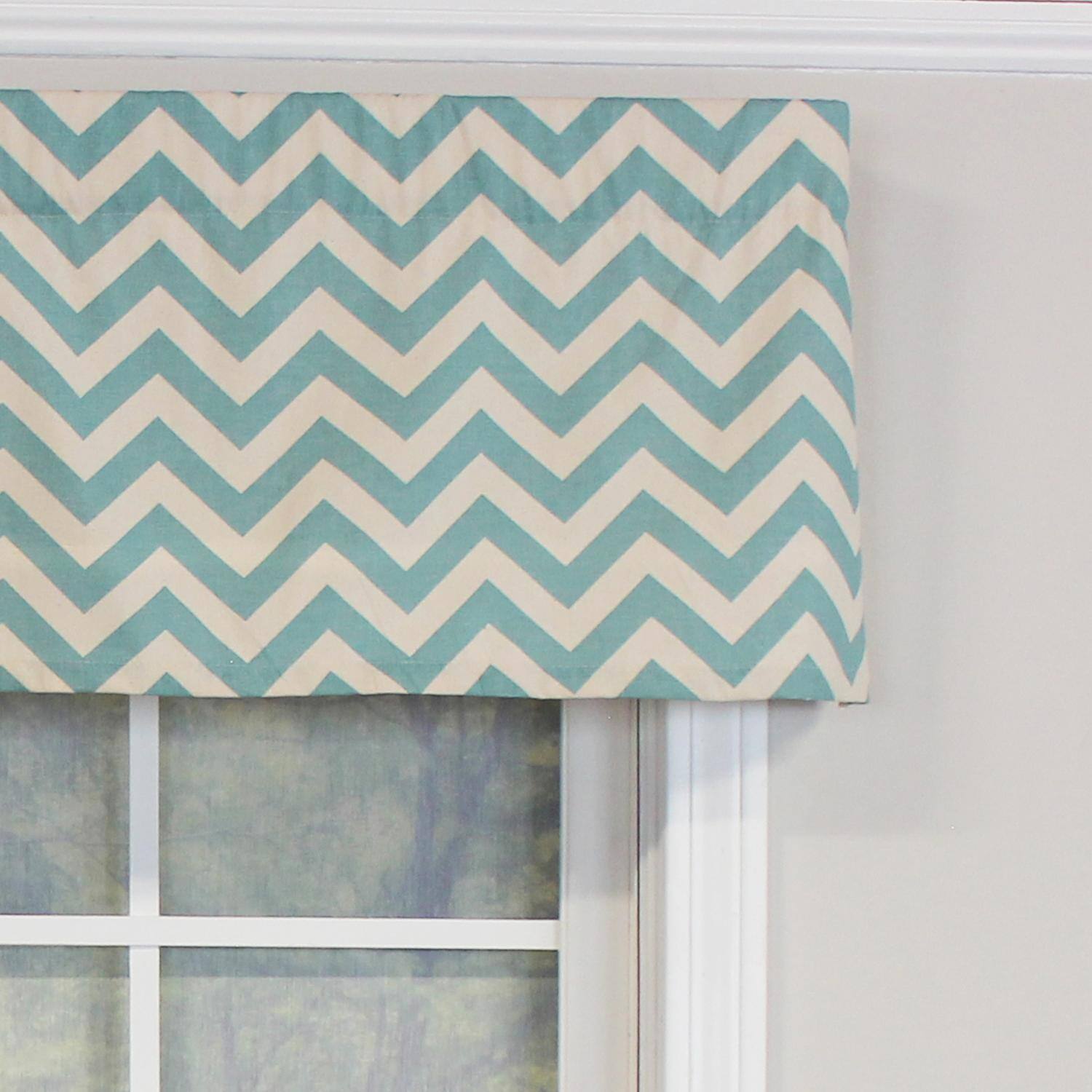 Left. RLF Home - RLF Home Zig-Zag Tailored 100% Cotton with Fully Lined 3" Rod Pocket Valnance for Windows 50" x 14" Turquoise - Turquoise.