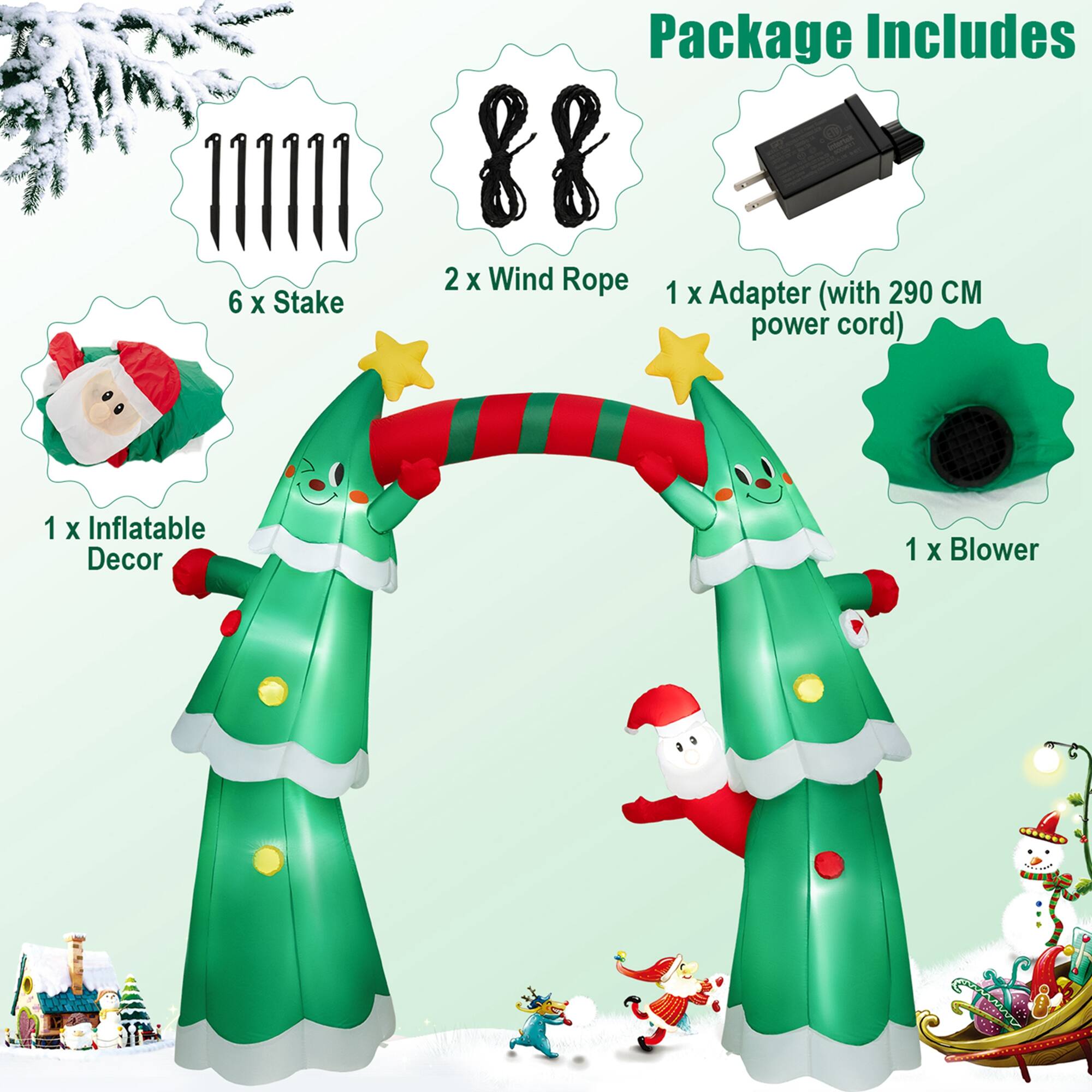 Package Includes: 6 x Stake, 2 x Wind Rope, 1 x Adapter (with 290 cm power cord), 1 x Inflatable Decor, 1 x Blower.