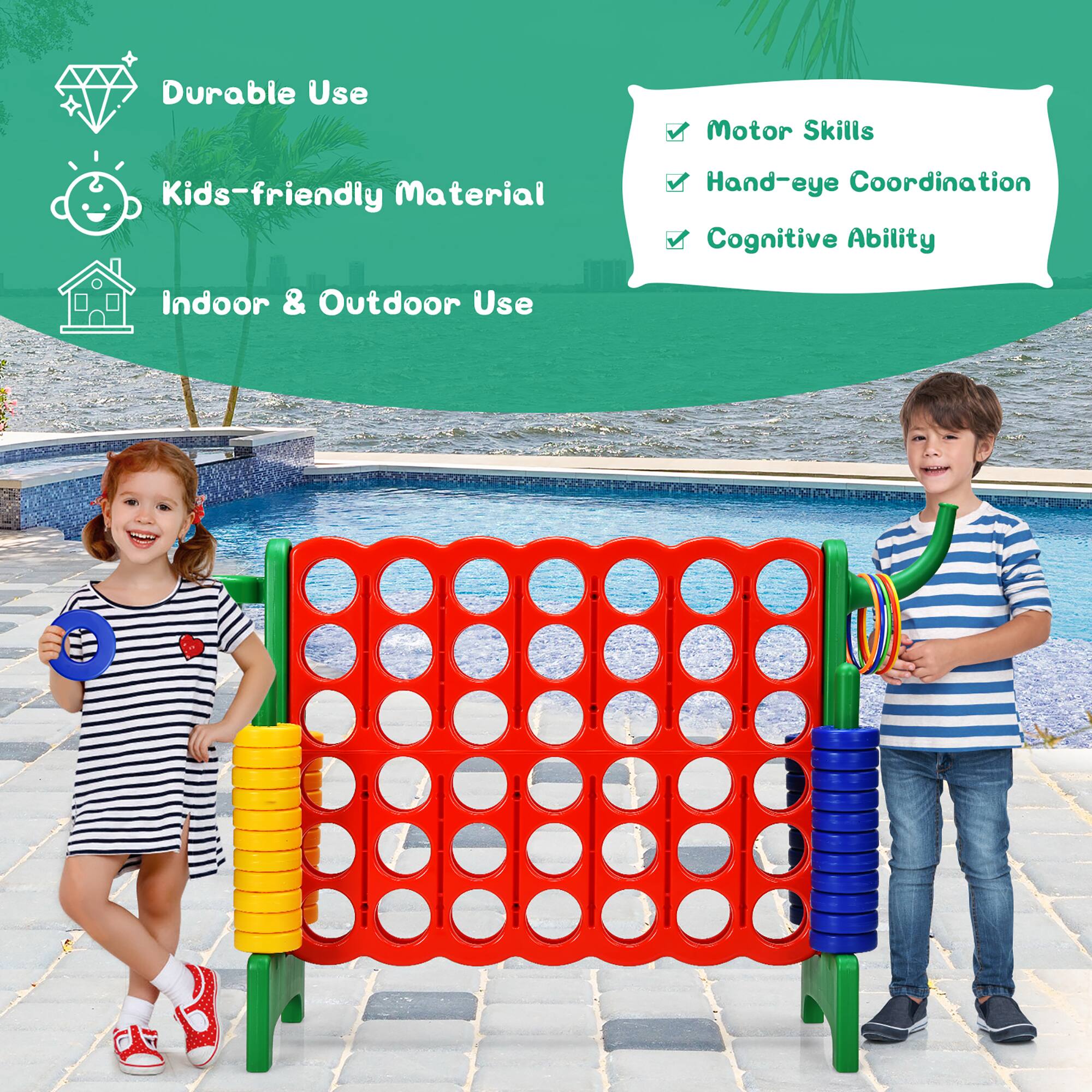 - Durable Use
- Kids-friendly Material
- Indoor & Outdoor Use

- Motor Skills
- Hand-eye Coordination
- Cognitive Ability