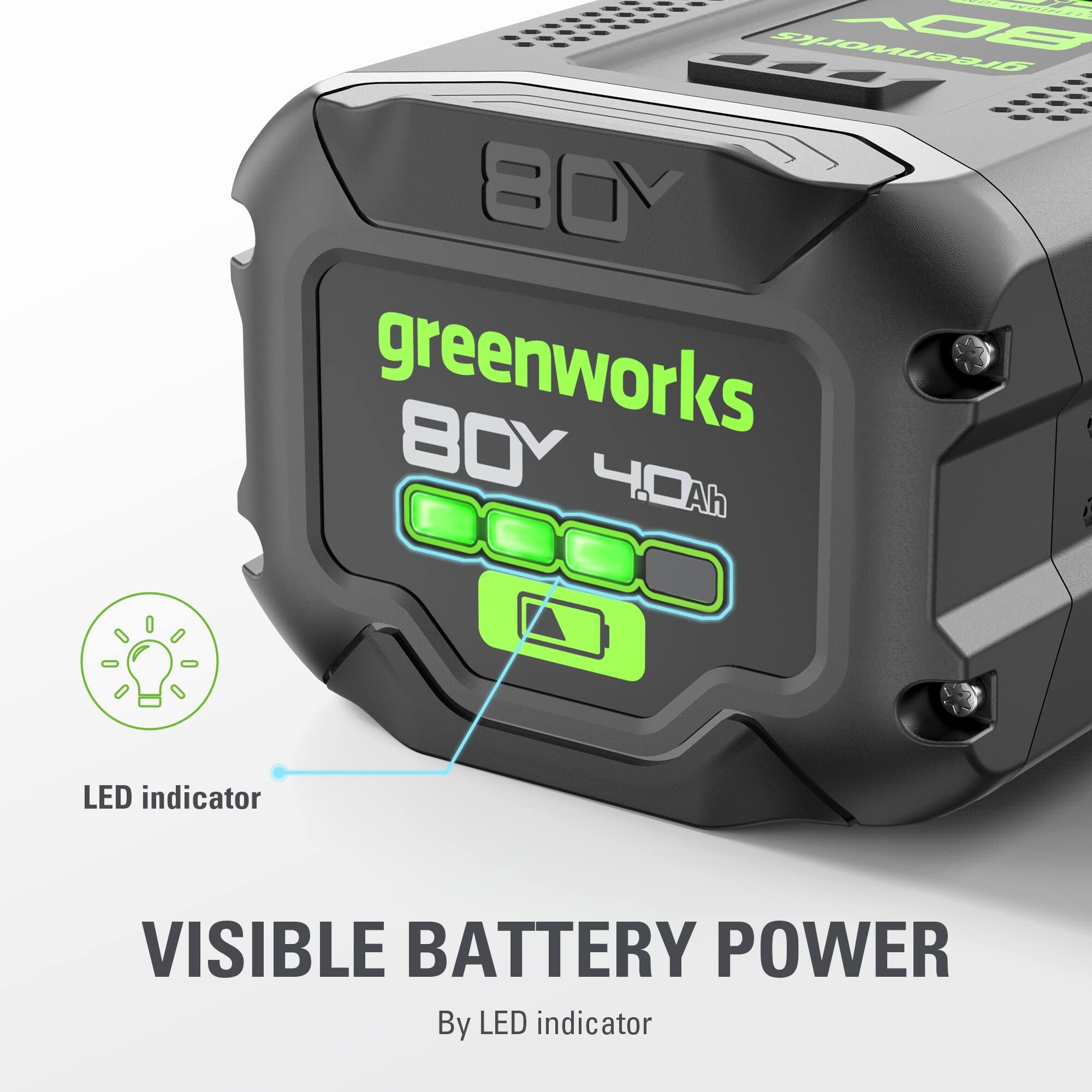 Greenworks 80V 40Ah LED indicator visible battery power.