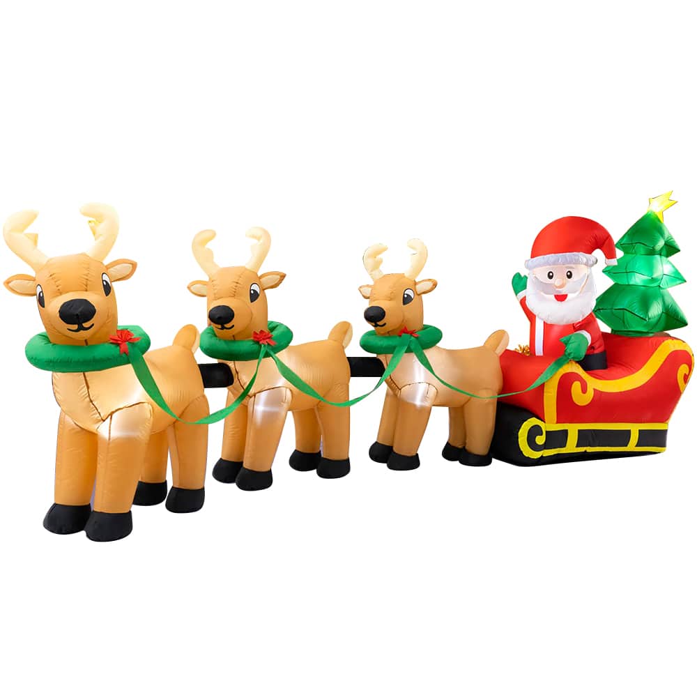 Front. MOVSSOU - 12Ft Inflatables Santa Claus on Sleigh 3 Reindeers Christmas Tree Lighted Xmas Decor Inflatables Christmas Gifts - multicolor.