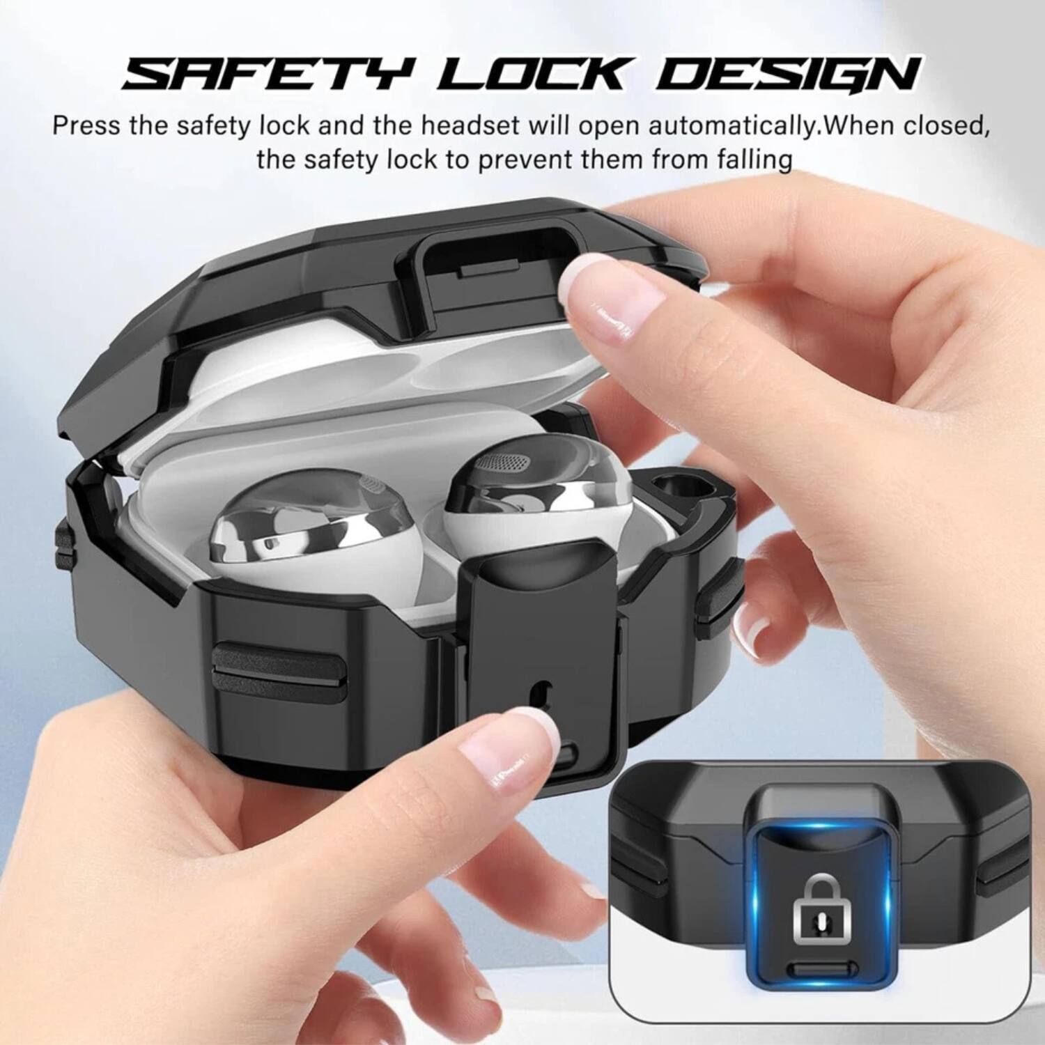SAFETY LOCK DESIGN

Press the safety lock and the headset will open automatically. When closed, the safety lock prevents them from falling.