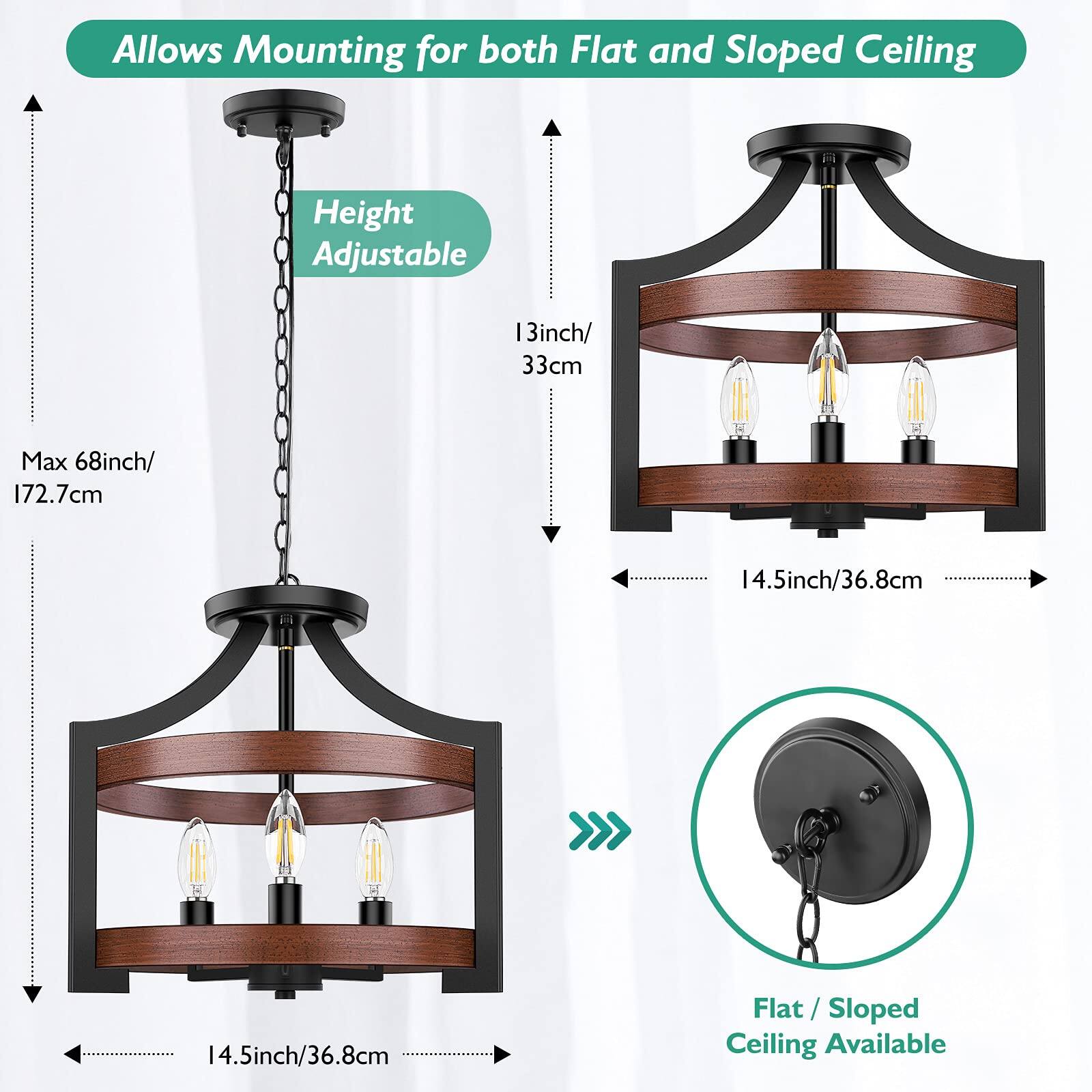 Allows Mounting for both Flat and Sloped Ceiling  
Height Adjustable  
13inch/ 33cm  
Max 68inch/ 172.7cm  
14.5inch/36.8cm  
Flat / Sloped Ceiling Available