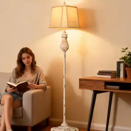 Front. Akoasm - 63in. Floor Lamp with Night Light, Linen Fabric Lampshade for Living Room, Bedroom, Office (Includes Bulb).