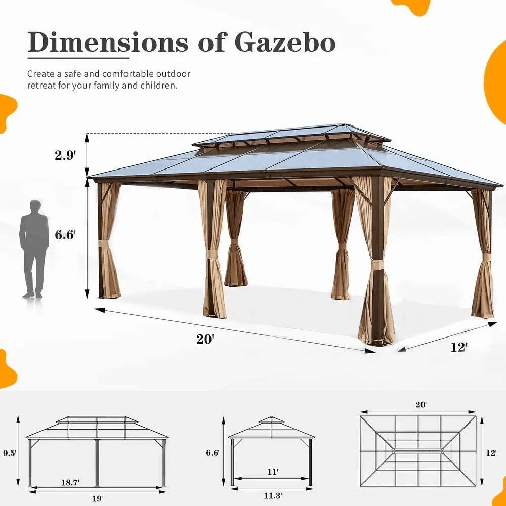 Dimensions of Gazebo

Create a safe and comfortable outdoor retreat for your family and children.

- Height: 6.6'
- Width: 20'
- Depth: 12'
- Height of roof: 2.9'
- Height of side walls: 9.5'
- Width of side walls: 18.7'
- Depth of side walls: 11.3'