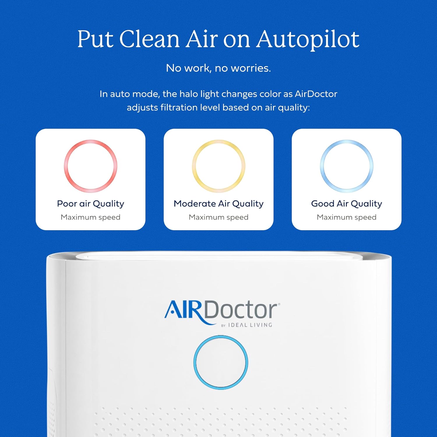 Put Clean Air on Autopilot  
No work, no worries.  

In auto mode, the halo light changes color as AirDoctor adjusts filtration level based on air quality:  
- Poor air Quality: Maximum speed  
- Moderate Air Quality: Maximum speed  
- Good Air Quality: Maximum speed  

AIRDoctor  
IDEAL LIVING