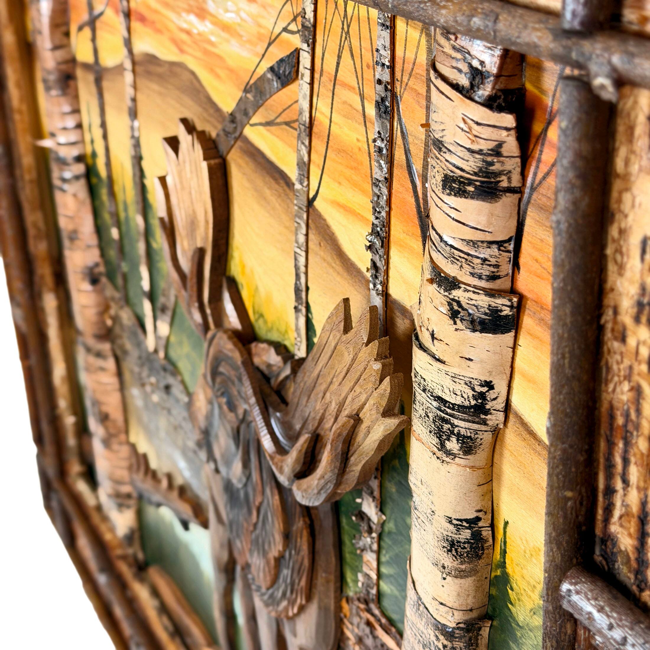 Alt View 2. Zeckos - Rustic Moose Birch Forest Wood Wall Sculpture 28.75x36.5 Brown Glossy - Brown.