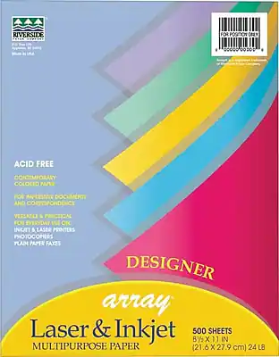 RIVERSIDE
Acid Free
Contemporary Colored Paper
For Impressive Documents and Correspondence
Versatile & Practical for Everyday Use on Inkjet & Laser Printers, Photocopiers, Plain Paper Faxes
Designer
Array
Laser & Inkjet
Multipurpose Paper
500 Sheets
8½ x 11 in (21.6 x 27.9 cm) 24 lb
Acid Free
Made in USA