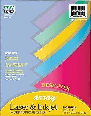 RIVERSIDE  
Acid Free  
Contemporary Colored Paper  
For Impressive Documents and Correspondence  
Versatile & Practical for Everyday Use on Inkjet & Laser Printers, Photocopiers, Plain Paper Faxes  
Designer  
Array  
Laser & Inkjet  
Multipurpose Paper  
500 Sheets  
8½ x 11 in (21.6 x 27.9 cm) 24 lb  
Acid Free  
Made in USA