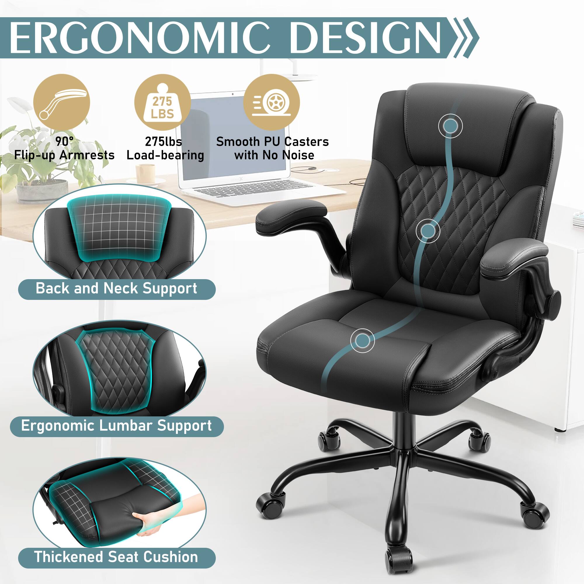 ERGONOMIC DESIGN, 275 LBS, 90, 275lbs, Smooth PU Casters with No Noise, Flip-up Armrests, Load-bearing, Back and Neck Support, Ergonomic Lumbar Support, Thickened Seat Cushion