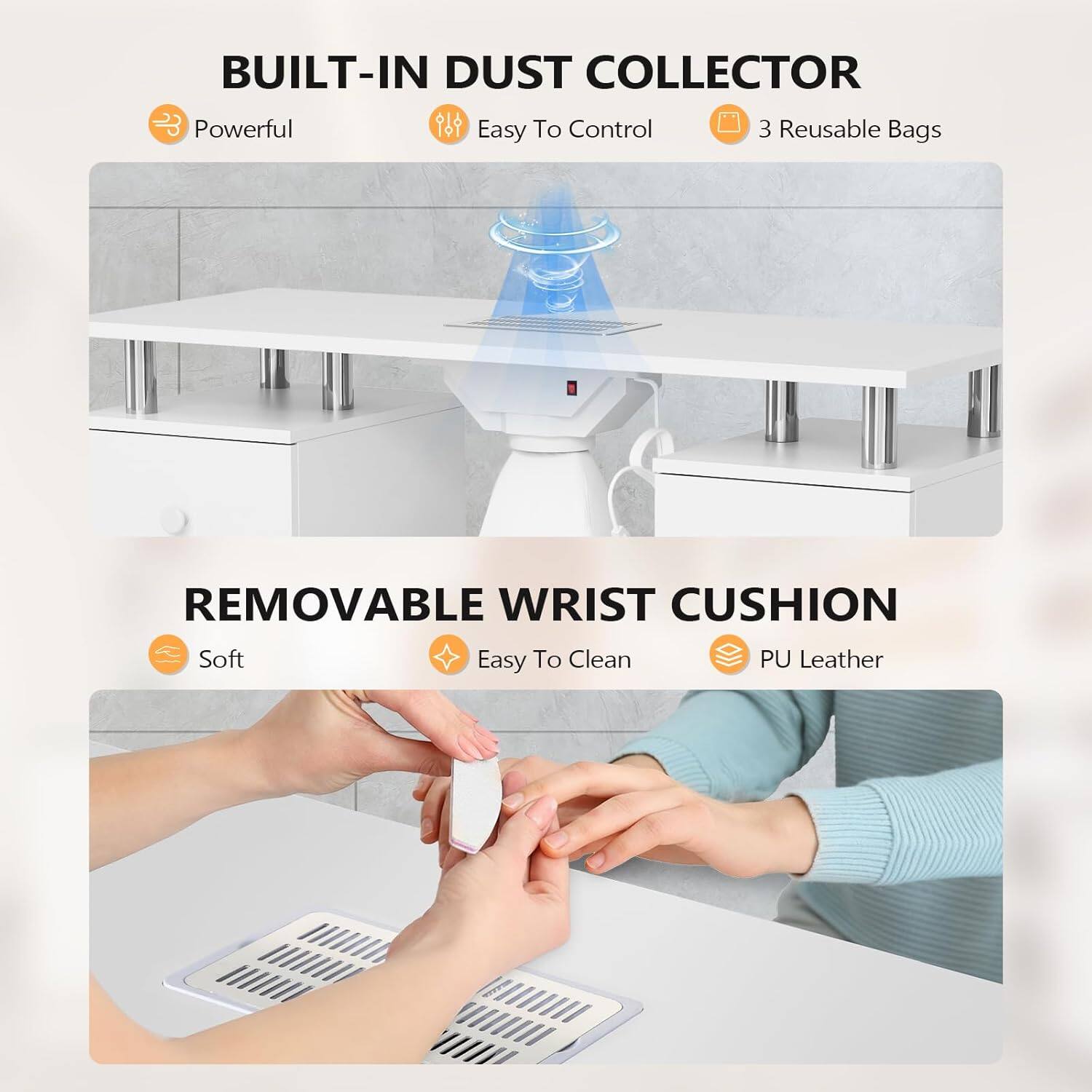 BUILT-IN DUST COLLECTOR  
- Powerful  
- Easy To Control  
- 3 Reusable Bags  

REMOVABLE WRIST CUSHION  
- Soft  
- Easy To Clean  
- PU Leather