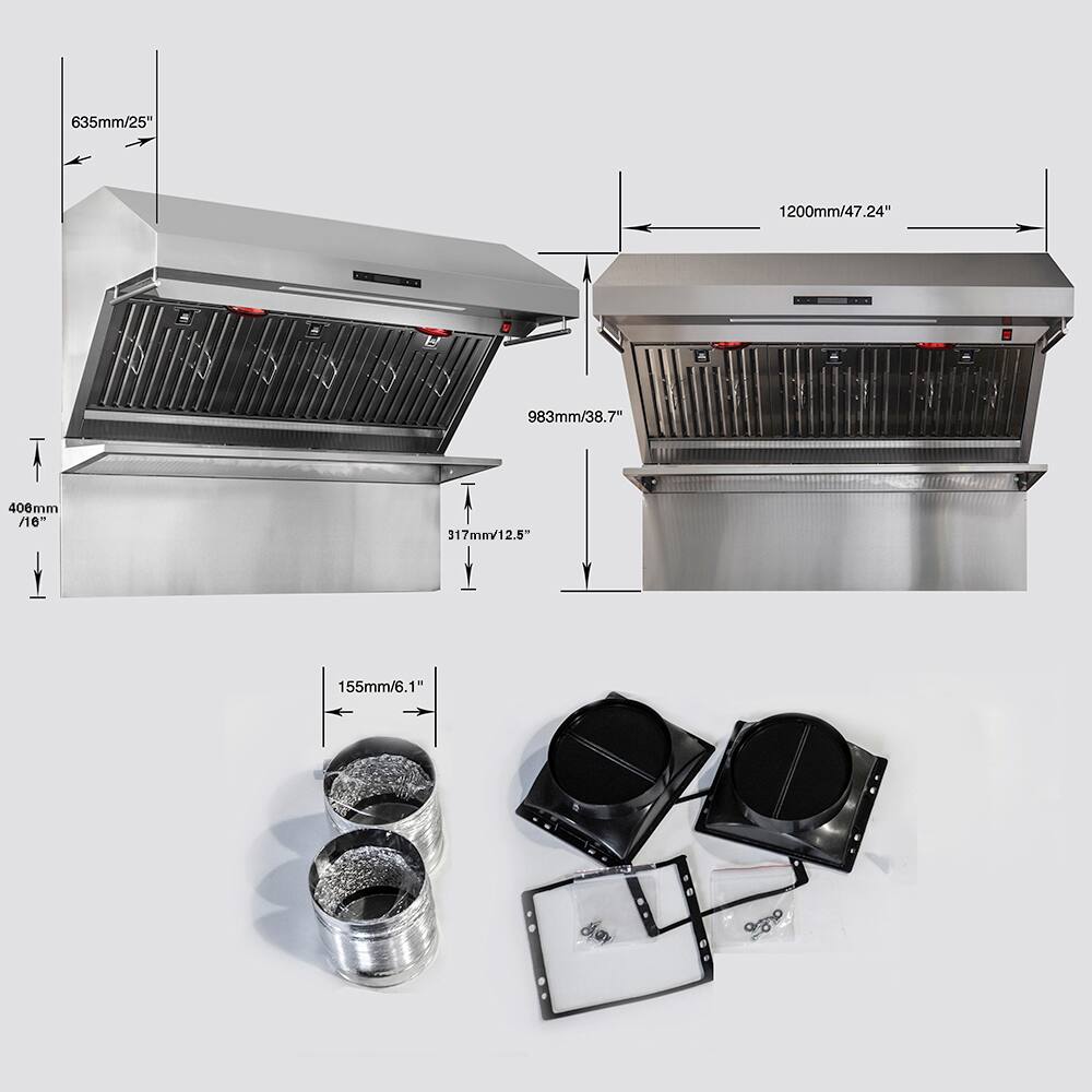 The image shows a stainless steel oven with a ventilation system. The oven has a height of 983mm (38.7 inches) and a width of 1200mm (47.24 inches). The ventilation system includes a fan with a diameter of 400mm (16 inches) and a grill with a height of 317mm (12.5 inches). The oven also features a door with a height of 155mm (6.1 inches).