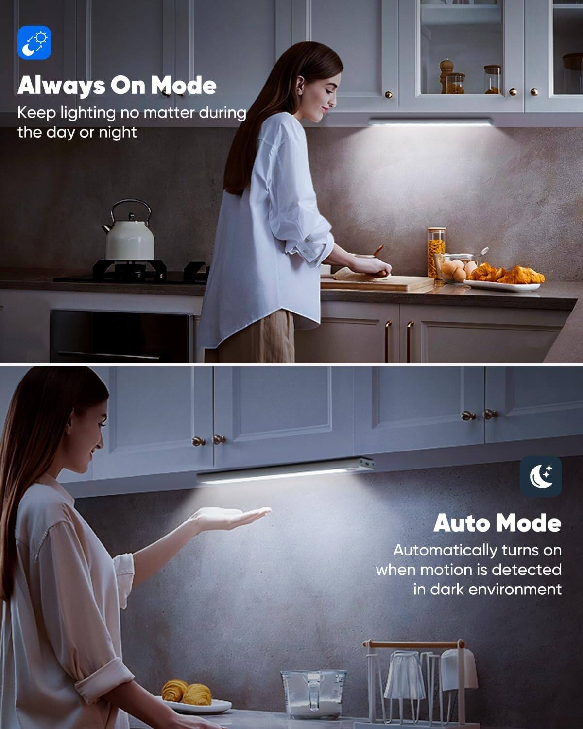 **Always On Mode**  
Keep lighting no matter during the day or night

**Auto Mode**  
Automatically turns on when motion is detected in dark environment