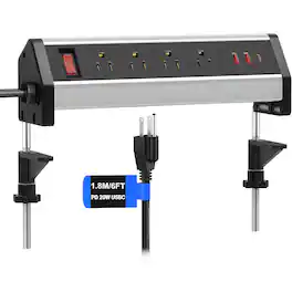 PARKER SLATER - Desk Clamp Power Strip with 4 Outlets & 3 USB Ports, 20W USB-C PD, 6FT Cord – Fits 2.8" Edge, Black, for Home Office - Silver