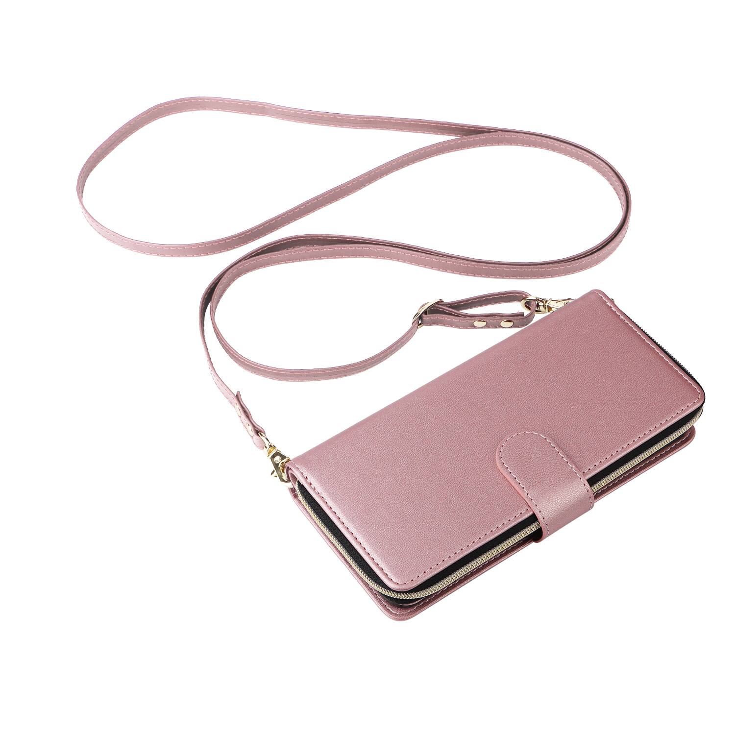 Alt View 3. Dteck - Crossbody Wallet Case for Apple iPhone 17e, Shockproof Zipper Pocket PU Leather Folio Cover with 9 Card Slots - Rosegold.