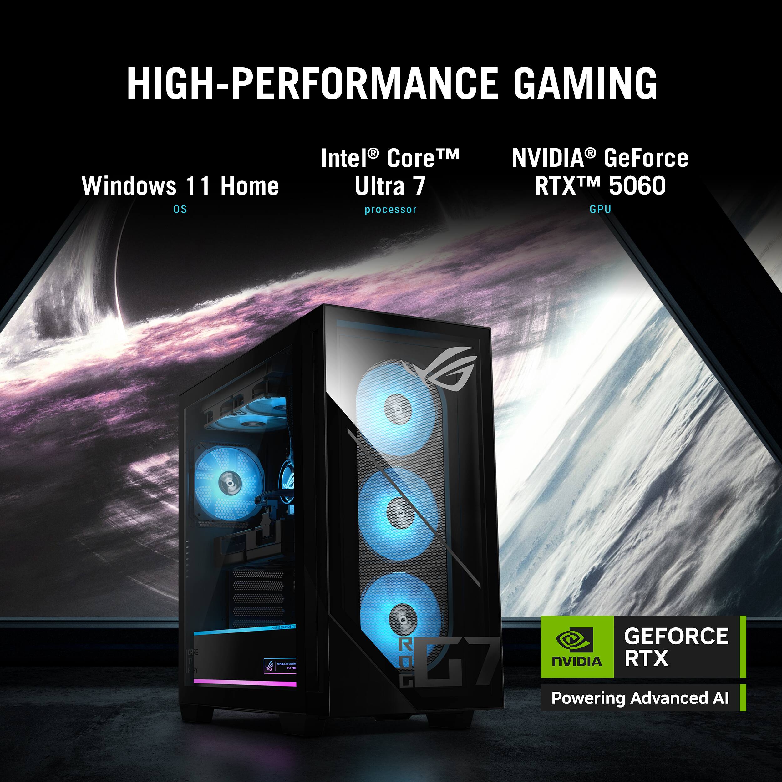 High-Performance Gaming: Windows 11 Home, Intel Core i7 Ultra 7 processor, NVIDIA GeForce RTX 5060 GPU.