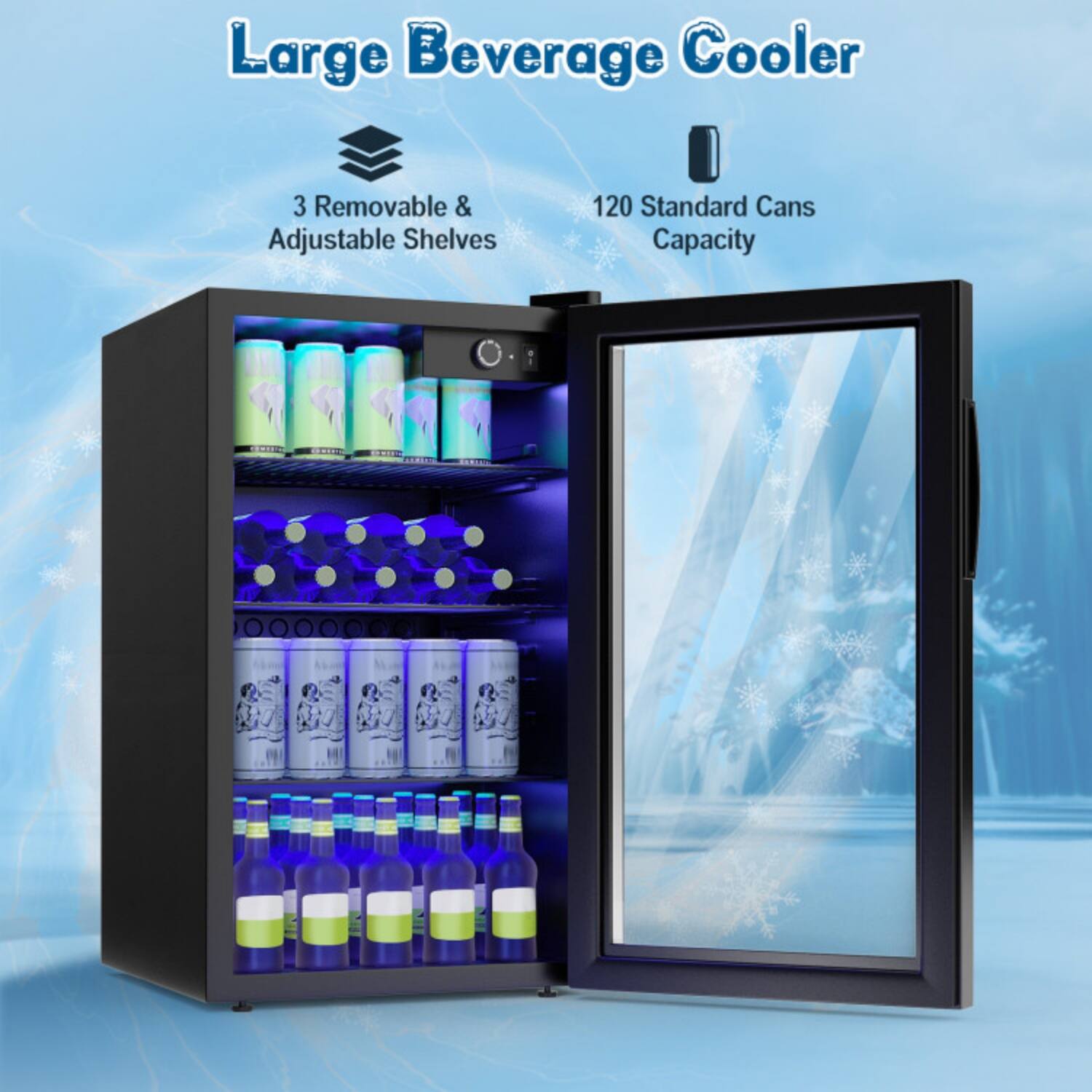 Large Beverage Cooler  
3 Removable & Adjustable Shelves  
120 Standard Cans Capacity