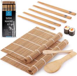 Zulay Kitchen - Sushi Making Kit For Beginners - Includes 2 Bamboo Sushi Mat, 5 Pairs Chopsticks, 1 Paddle, 1 Spreader - Brown