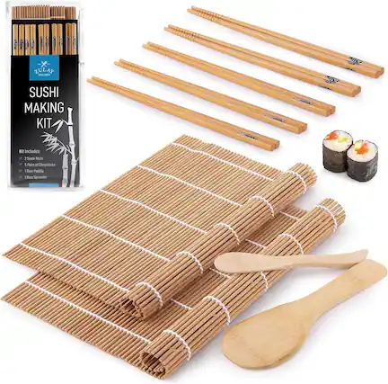 Zulay Ucher Sushi Making Kit
Kit Includes:
- 2 Sushi Mats
- 5 Pairs of Chopsticks
- 1 Rice Paddle
- 1 Rice Spreader