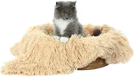 Fluffee - Woven Cat Bed with Removable Washable Cushion & Blanket, Cozy Indoor Cat Bed, Warm Round Pet Bed for 0-15kg Cats & Dogs - Beige