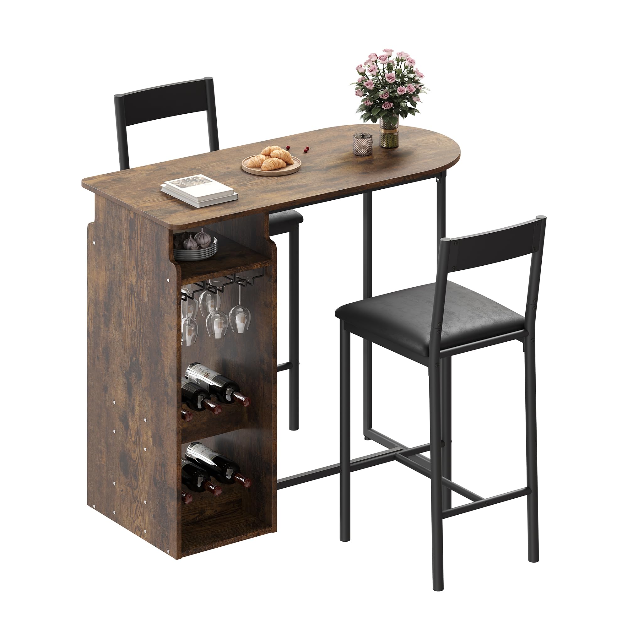 Left. Homhougo - Bar Table and Chairs for 2, Dining Room Table with Double Tier Wine Rack and Glasses Hanging - Brown.