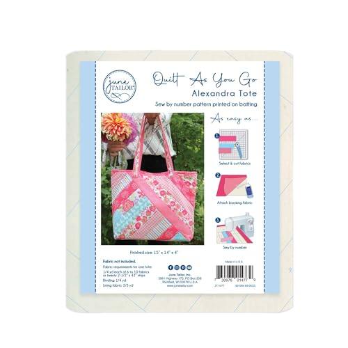 Sure, here is the corrected and grouped text from the image:

---

**June Taylor Quilt As You Go**

**Alexandra Tote**

Sew by number pattern printed on batting

**As easy as 1, 2, 3**

1. Select your fabric
2. Attach backing fabric
3. Finished size 15" x 14" H

**Finished size 15" x 14" H**

**Fabric Requirements:**
- Exterior fabric: 1 1/2 yards
- Lining fabric: 1 yard
- Fusible interfacing: 1/2 yard
- Batting: 15" x 14"

**Pattern includes:**
- Sew by number pattern printed on batting
- Fusible interfacing
- Lining fabric

**Pattern Number:**
- PO 1 30976 01477

**June Taylor Quilt As You Go**
- www.junetaylor.com
- 1-800-846-8888

---

This text is organized to reflect the information provided on the pattern packaging.
