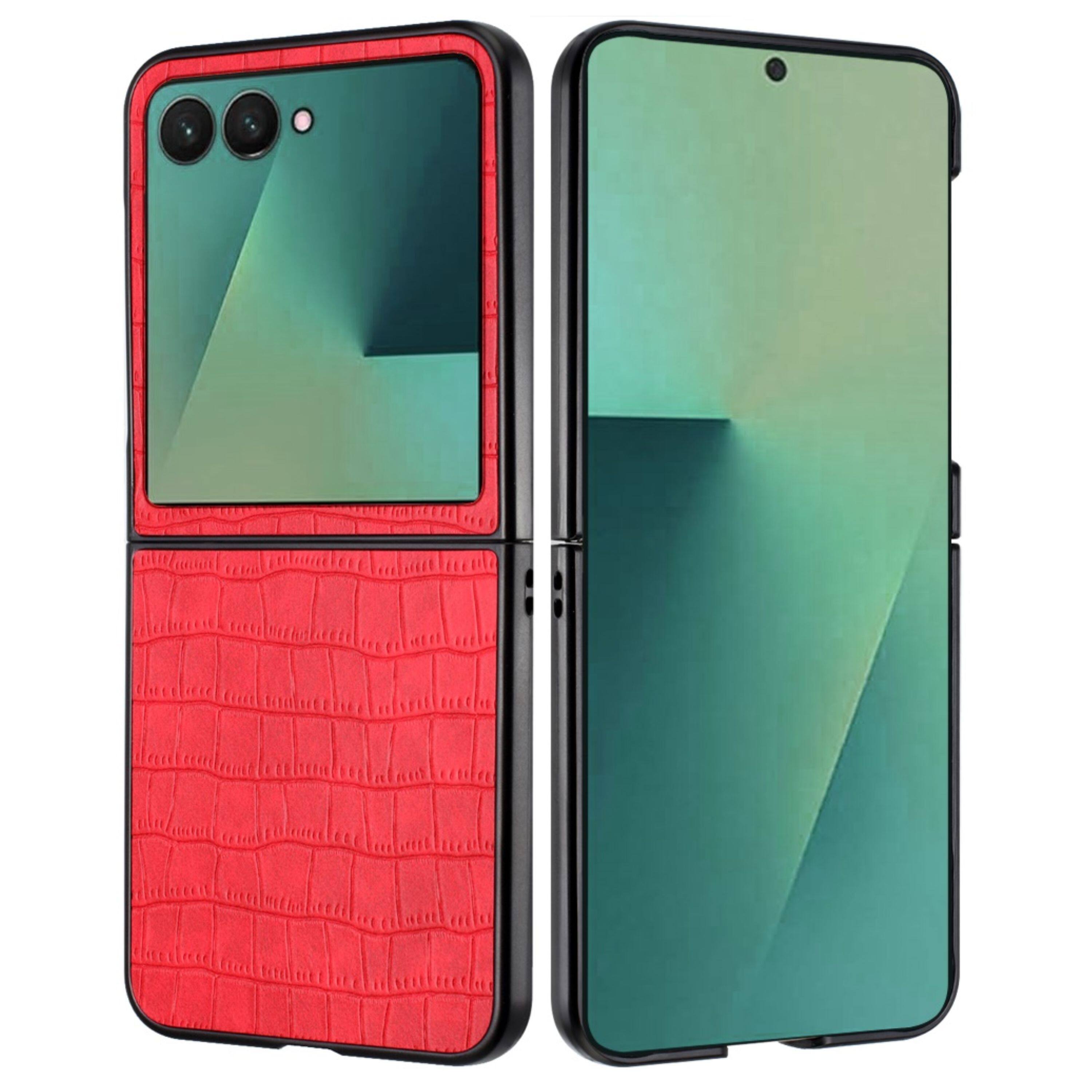Left. Kitcheniva - Premium Vegan Leather Croc Case With Tempered Glass For Samsung Galaxy Z Flip7 Red - Red.