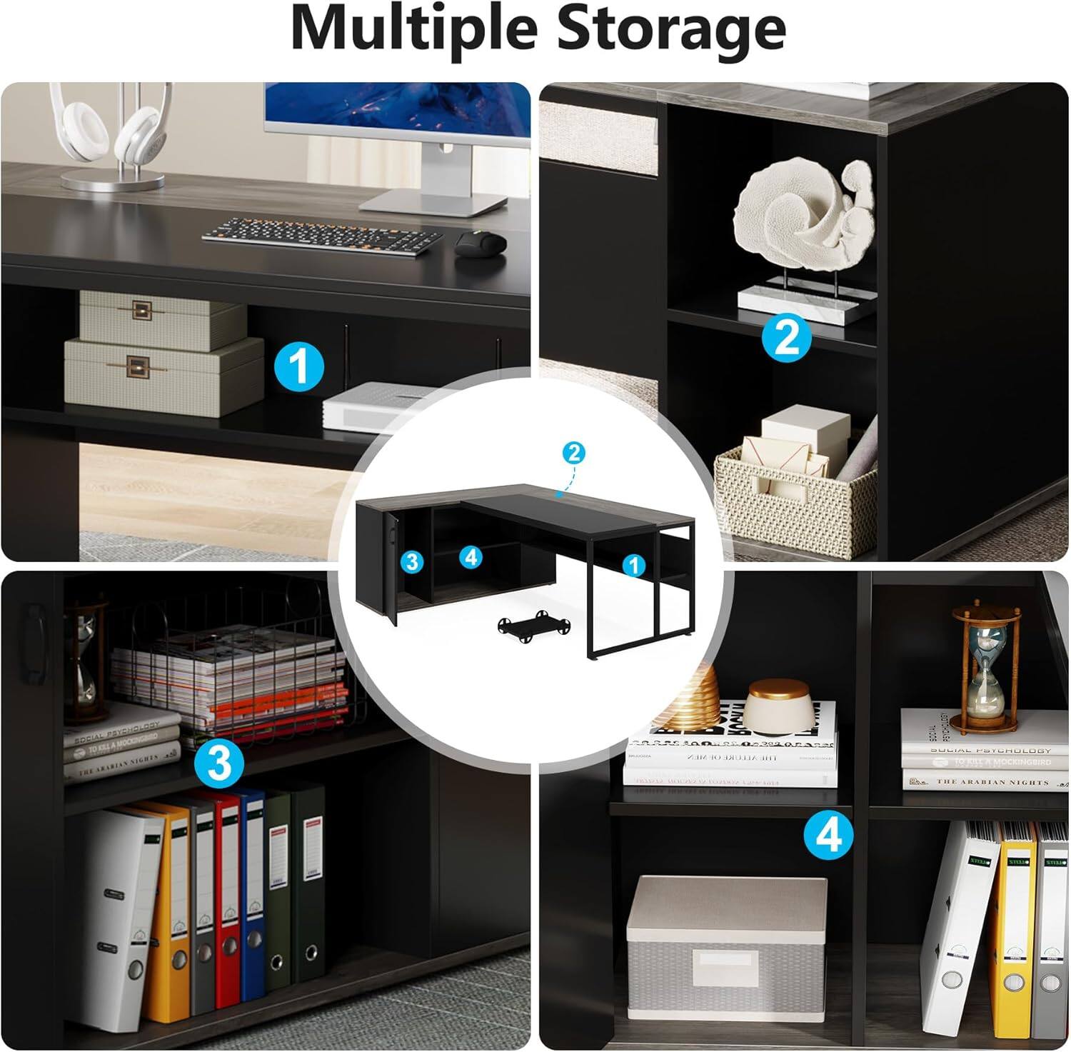 Multiple Storage

1. Under the desk with drawers and boxes.
2. Shelves with decorative items and baskets.
3. Lower shelves with books and binders.
4. Additional shelves with books and storage boxes.