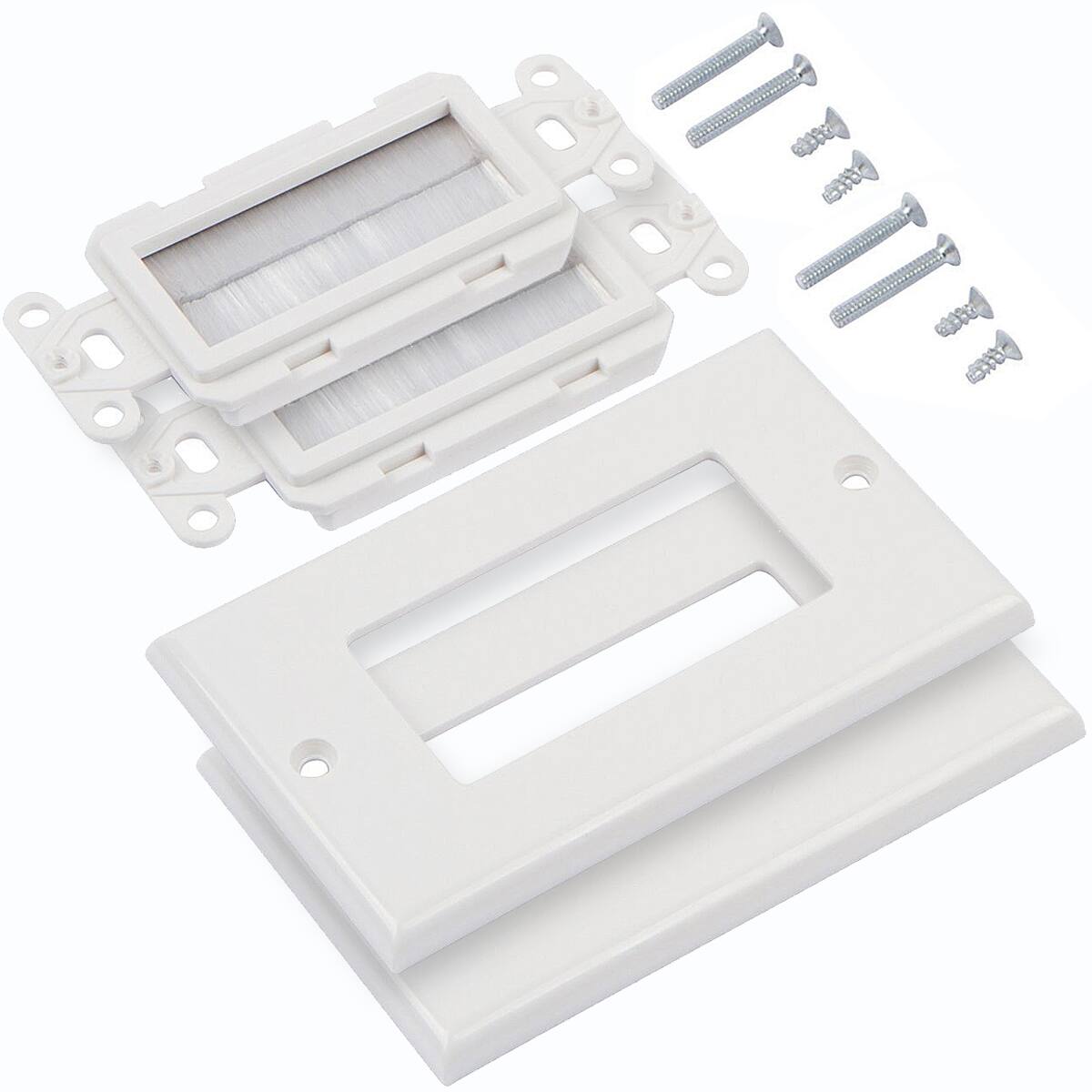 Back. Fosmon - 1-Gang Wall Plate 2 Pack Brush Style Opening Passthrough Low Voltage Cable Plate for Speaker Wires Coaxial HDMI Cables - White.