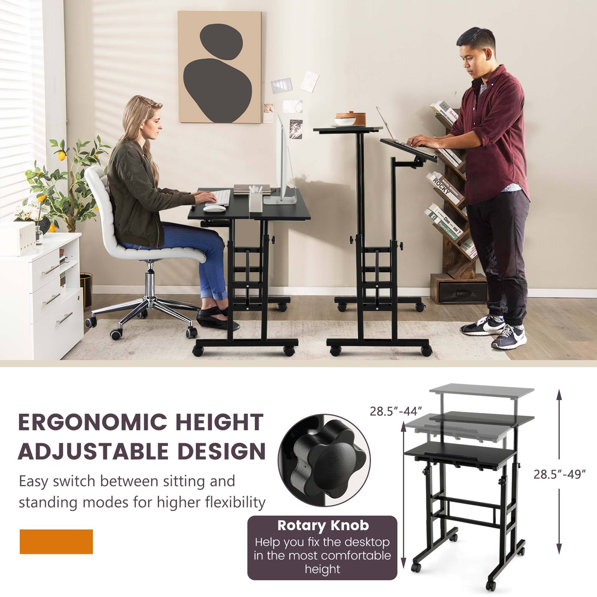 The text on the image reads: "Rocky i 28.5"-44" Ergonomic Height Adjustable Design Easy switch between sitting and standing modes for higher flexibility Rotary Knob Help you fix the desktop in the most comfortable height 28.5"-49"."