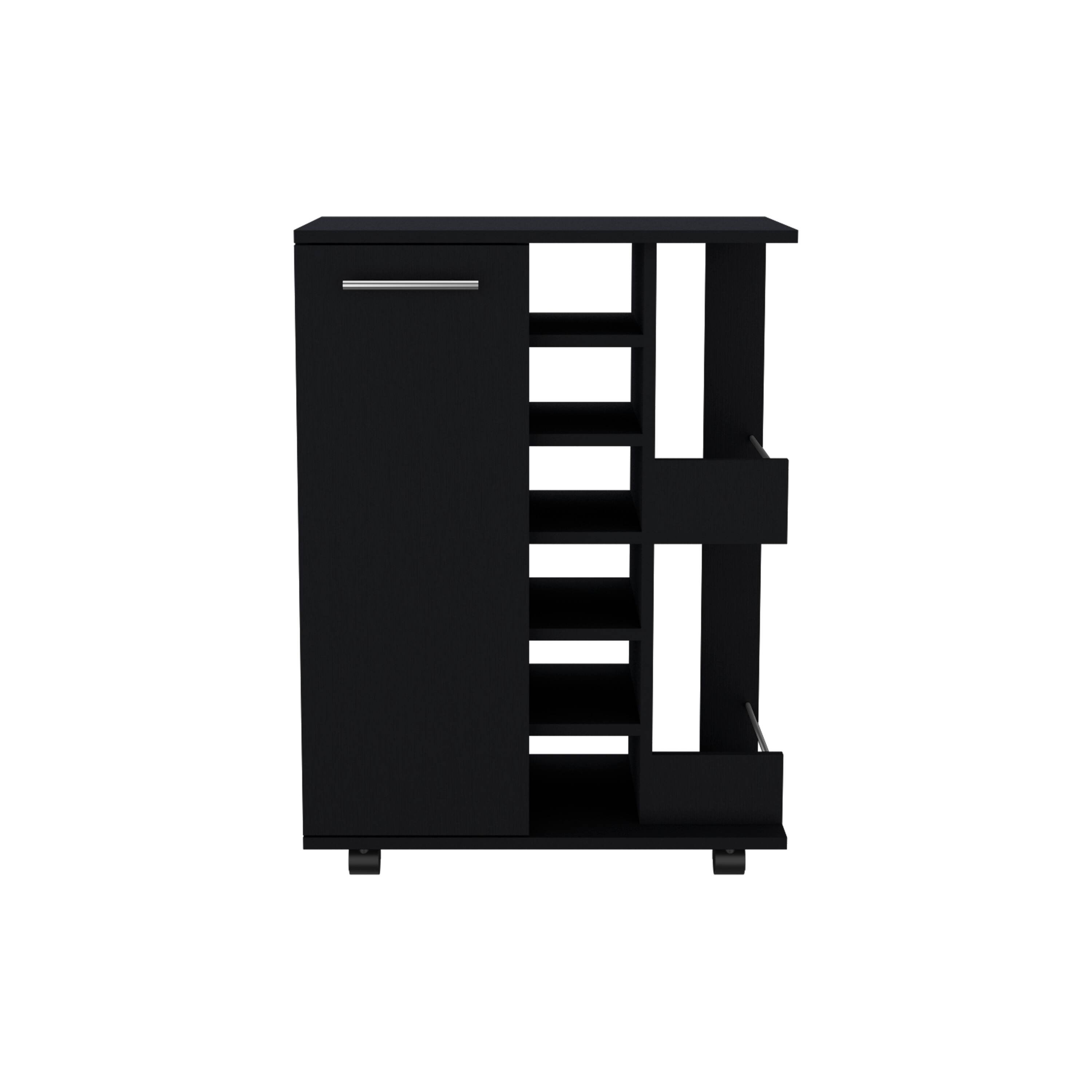 Alt View 4. TuHome - Bar Cart, Two External Shelves, Four Casters, Six Built-In Wine Rack, Single Door Cabinet, Bar Room or Living Room - Black.